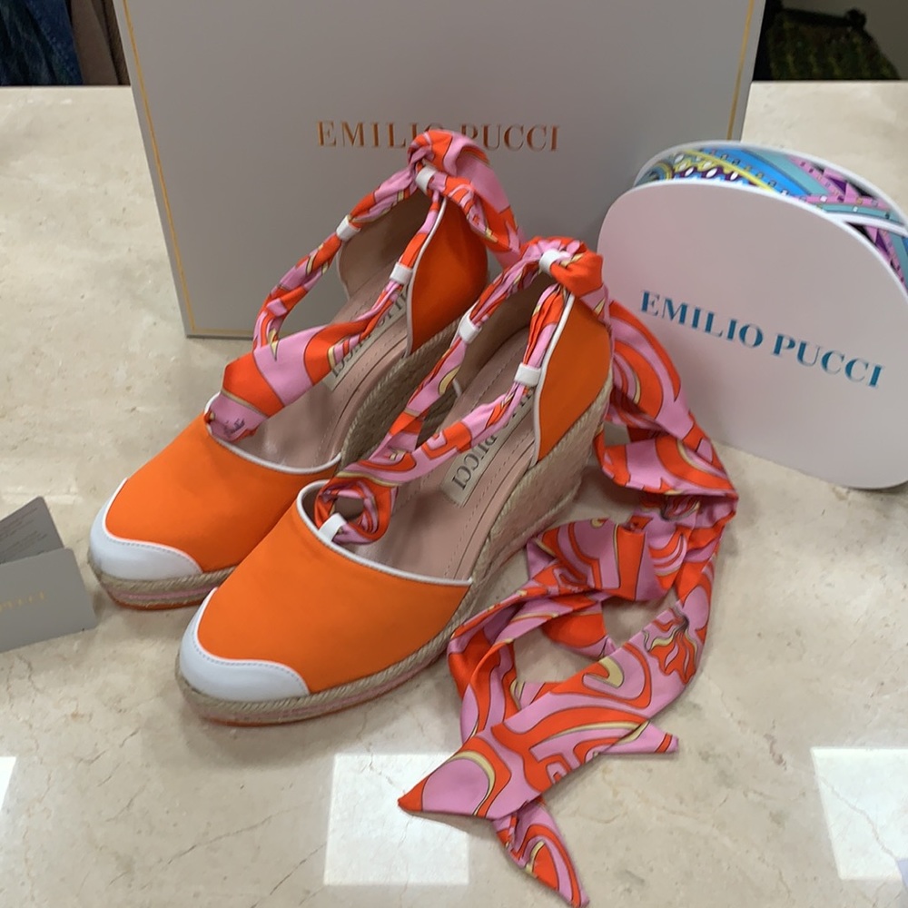 EMILIO PUCCI LONDON TIKI PRINT TWILL ESPADRILLES W/REMOVABLE SCARF IN CORAL - Picture 8 of 14